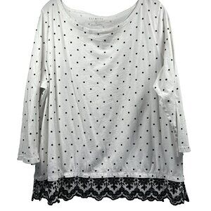 Talbots Women's Top Size XL Black White Embroidered Hemline Polka Dot 3/4 Sleeve